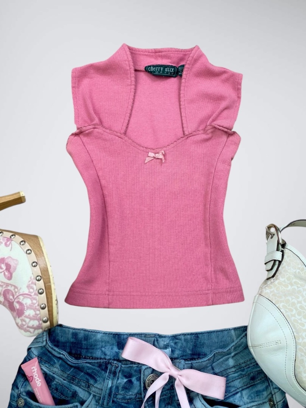 Vtg Y2k Cherry Stix Pink Coquette Bow Top